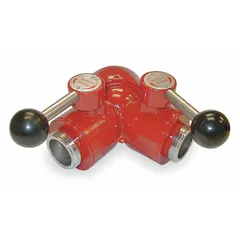 Aluminum wye valve body with female NPSH inlet and dual 1 in x 1 in male NPSH outlets. Configured female x male with NPSH x NPSH connections. Used as a fire hydrant or standpipe adapter to split flow for two hose lines.