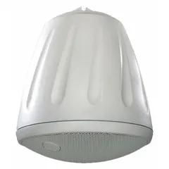 Passive 2-way pendant-mount speaker with 8 ohm impedance. Overall width 14 3/4 inches, overall height 17 1/4 inches. Designed for indoor commercial audio installations where overhead mounting provides even sound coverage.