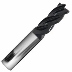 This carbide square end mill features an AlCrN coating and 4-flute geometry for heat resistance and efficient chip evacuation. With a 3/8" mill diameter, 1-1/2" length of cut, and 3" overall length, it is designed for fast cutting of stainless steel and super alloys in machining operations.