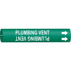 Snap-on pipe marker for identifying plumbing vent lines. Fits pipes with outer diameter 4 to 6 inches. Green background with white legend reading 'Plumbing Vent' and directional arrows. Suitable for labeling vent pipes in plumbing systems to aid maintenance and safety.