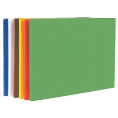 This CRESTWARE cutting board set includes six color-coded boards (blue, brown, green, red, white, yellow) made of polyethylene. Each board measures 15 inches wide by 20 inches long. NSF certified, the set is suited for commercial food preparation tasks such as chopping, slicing, and dicing.