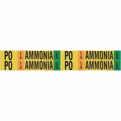 Ammonia adhesive pipe marker for liquid (LIQ) phase low-pressure ammonia systems, using IIAR abbreviation PO. Fits pipe O.D. from 3/4 to 2-3/8 in. Set of 4 markers without arrows. Used for identifying ammonia piping in industrial refrigeration and processing facilities.