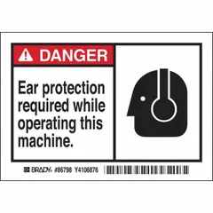 Adhesive-mounted polyester danger sign requiring ear protection during machine operation. Nominal size 3 1/2 in x 5 in, 0.01 in thick. Not retroreflective, not glow-in-the-dark, no anti-slip surface. Supplied in a 5-pack for placement on machines or walls in industrial areas.