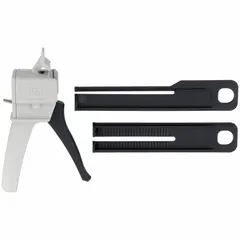 Manual dual-cartridge applicator for dispensing two-part adhesives, sealants, and coatings. Accepts 43 mL, 45 mL, 48.5 mL, and 50 mL cartridges with 1:1 or 2:1 mixing ratios. Plastic housing. Suitable for bonding, potting, and gasketing in assembly and repair.