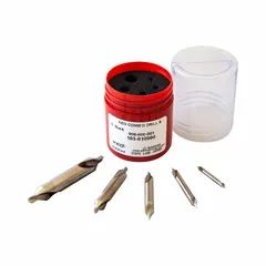 This set includes five double-end plain-tip center drills made from AlTiN coated high-speed steel with a 118° point angle. Each drill provides two usable cutting ends for creating precise conical starting holes in workpieces. Suitable for use in lathe centers or as pilot holes for subsequent drilling operations in general machining applications.