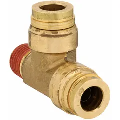 Brass tee fitting with two push-to-connect ports for 3/8 in OD tube and one 1/4 in male NPT threaded outlet. Pre-applied Vibra-Seal thread sealant ensures vibration-resistant sealing. Used in compressed air and pneumatic systems for branching tube lines to threaded connections.
