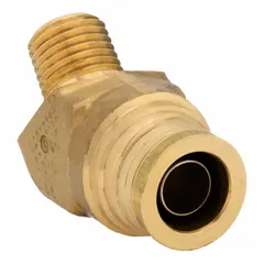 This brass adapter elbow features a push-to-connect fitting on one end for 3/4 in OD tubing and a 1/2 in male NPT thread on the other. It is used in pneumatic and air brake systems for tool-free, leak-resistant connections in truck, trailer, and industrial air circuits.