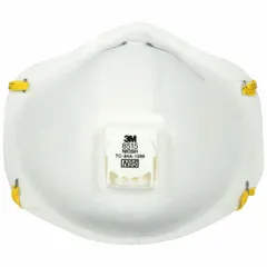 White molded N95 respirator with metal nose clip and dual non-adjustable headstraps. Medium mask size with standard face seal and exhalation valve. Suitable for protection against non-oil-based particulates in welding and grinding environments.