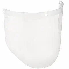 This 3M face shield features a clear, uncoated propionate visor measuring 14 1/2 inches wide by 9 inches high. The visor is reusable and designed for general-purpose splash and impact protection. The clear headgear completes the assembly. Suitable for industrial, laboratory, and healthcare environments where face protection from debris or fluids is required.