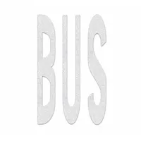 White thermoplastic pavement marking with 'Bus' legend, measuring 8 ft long by 4 1/2 ft wide. Applied using a hand torch for adhesion. Used to designate bus zones, lanes, or stops on roads, parking lots, and transit facilities