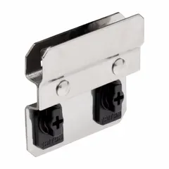 This surface-mount bin clip attaches to square-hole pegboard to hold bins and tape measures. It features three hooks with a 3/8 in depth and ABS retainers for secure locking. Made of brushed stainless steel in a silver finish, it is suitable for organizing tools in workshops or storage areas.