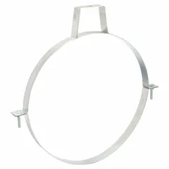This steel duct hanger is designed for supporting round ducts with a 16-inch diameter. It includes a two-piece hanger assembly and measures 18 3/8 inches in length and 16 inches in width. Suitable for overhead mounting in HVAC and ventilation systems.