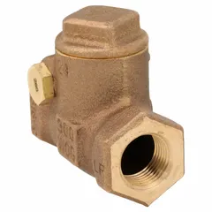 This lead-free bronze inline swing check valve features a swing mechanism and inline valve body design. It is used to prevent backflow in plumbing and low-pressure systems, ensuring one-directional flow. Connections are female NPT x female NPT for 3/8 in pipe size.