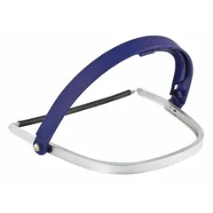 Blue aluminum bracket with band attachment type, designed for mounting face shields onto 3M H-700 Series hard hats. Used in industrial settings where head and face protection is required.