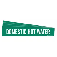 Green adhesive pipe marker with white legend text reading 'Domestic Hot Water'. Designed for pipes with an outer diameter of 8 inches and larger. Each pack contains 5 markers, with 1 marker per pack. Used for identifying domestic hot water piping in facilities.