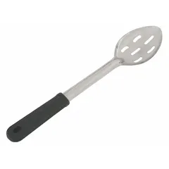 This 13-inch serving spoon is made of silver-colored plastic, suitable for food preparation and buffet service. Its plastic construction helps prevent scratching of cookware surfaces. Intended for light-duty commercial or home use.