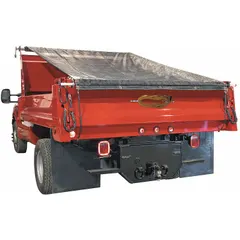 PVC-coated vinyl mesh tarp kit for manual dump trucks and trailers. Includes hardware kit for mounting. Suitable for covering and securing loads such as debris, gravel, or construction materials in industrial and landscaping applications.