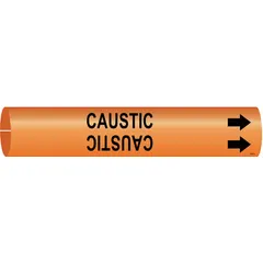 Snap-on pipe marker for identifying pipes carrying caustic substances. Orange background with black 'Caustic' legend and directional arrows. Fits pipe outer diameters of 4 to 6 inches. Supplied as a single marker.