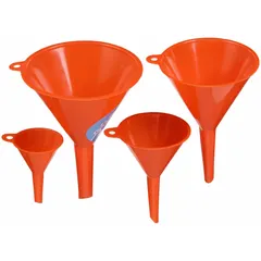 Set of four orange polyethylene funnels in 3/4, 2, 6, and 10 oz sizes. Overall height 6 1/4 in, diameter 4 3/8 in. Used for transferring fluids such as oils, coolants, and solvents in automotive and workshop settings.