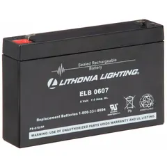 6 V sealed lead acid battery for emergency and exit lighting fixtures. Provides backup power during outages to maintain illumination for safe egress. Compatible with models ELU2X, ELR2, ELT16, 6ELM2, HQM S W 3 R 120/277, HQM S W 3 G 120/277, IND618, and IND1236.