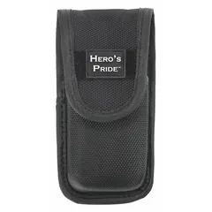 Black ballistic nylon medical pouch with snap closure, measuring 5 inches by 2 inches. Designed to fit belts up to 2 1/4 inches wide. Suitable for carrying medical supplies such as bandages, gloves, or small instruments in tactical, first responder, or industrial settings.