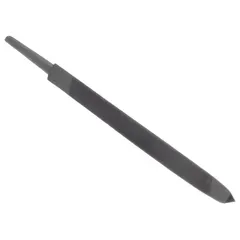 This single-cut triangular file features a smooth cut pattern and a taper towards the point. With a 4-inch length without tang and a 3/16-inch width, it is suited for precision filing in confined spaces and tight angles, such as sharpening saw teeth, cleaning threads, or deburring internal corners.