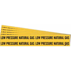 Yellow adhesive pipe marker with black legend text reading 'Low Pressure Natural Gas' and no arrows. Fits pipe outer diameters from 3/4 to 2-3/8 inches. Sold in a 5-pack. Used to identify low-pressure natural gas lines in industrial piping systems for safety and compliance.