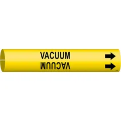 Yellow snap-on pipe marker with black 'Vacuum' legend and directional arrows. Fits pipe outer diameters from 1-1/2 to 2-3/8 inches. Used to identify vacuum lines in industrial piping systems for clear labeling and safety.