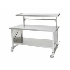 This mobile stand is constructed of stainless steel with a silver cabinet, offering corrosion resistance for medical environments. It features two swivel casters with brakes for mobility and secure positioning. Suitable for holding instruments or supplies in clinical settings.