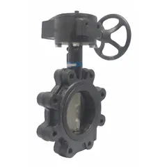 This 6-inch ductile iron butterfly valve features a concentric design with lug-style connections for isolation capability. The gear-operated handwheel enables precise throttling and shut-off in general-service on/off flow control applications. Rated for 200 psi CWP, it is suitable for water, air, and non-corrosive fluids in industrial piping systems.