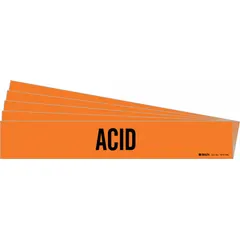 Orange adhesive pipe marker with black legend text reading 'Acid'. Designed for pipe outer diameters of 8 inches and larger. Each pack contains 5 markers without arrows. Used for identifying acid lines in industrial piping systems.