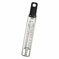Non-mercuric column thermometer with stainless steel housing and case, glass lens, and 12 in overall length. Designed for measuring temperature in candy making, jelly preparation, and deep frying