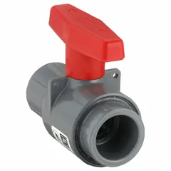This CPVC ball valve features a straight body with socket x socket connections and a tee handle. Rated for a maximum pressure of 235 psi (CWP), it is suited for on/off or flow control in CPVC piping systems. Typical applications include chemical processing, water treatment, and industrial plumbing where corrosion resistance is required.