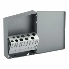 This HUOT tap index features 10 compartments for organizing taps from 1/4-20 in to 1/2-20 in. It provides a dedicated storage solution to keep taps sorted and protected, reducing loss and speeding job changeovers in machine shops, toolrooms, and maintenance facilities.