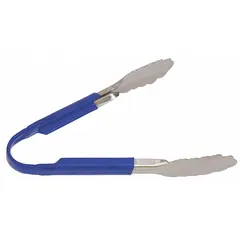 These tongs feature a stainless steel blade with scalloped edges for secure gripping. The uncoated handle is blue. NSF certified for commercial food service use. Overall length 10 inches.