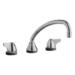 Cast brass widespread kitchen faucet with deck mount and three-hole installation. Lever handle for flow control. Suitable for commercial and residential kitchen sinks requiring a durable, low-arc design.