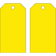 Yellow polyester plain tag for identifying and tracking shipments, inventory, or work-in-progress in industrial and logistics environments. Measures 5-3/4 inches high by 2-7/8 inches wide with a 30-point card stock thickness. Resists moisture and tearing. Pack of 25.