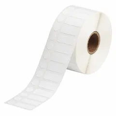 White nylon precut label roll with 1,500 labels, each measuring 3/8 in x 1 in. Designed for use with the BBP11 printer series and requires R4913 ribbon. Suitable for industrial identification and asset tracking applications.