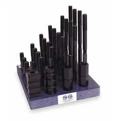 This 38-piece clamping kit includes (4) 3-inch studs and is designed for use with 9/16 in T-slots and 3/8"-16 studs. Used for securing workpieces on machine tables in milling, drilling, and machining operations.