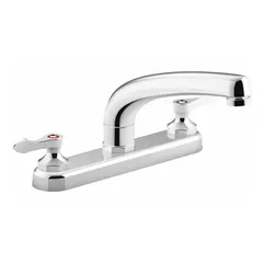 This centerset kitchen faucet is constructed from brass with a chrome finish. It features a widespread, deck-mount design requiring three mounting holes. Suitable for residential or light-commercial sink installations, it provides reliable water delivery for food preparation, cleaning, and dishwashing.