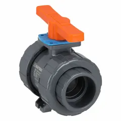 This 3-inch PVC straight ball valve is rated to 235 psi CWP and features a Locking Tee handle for secure position control. It is used in industrial piping systems to control flow of water, chemicals, or corrosive fluids in applications such as water treatment and chemical processing.