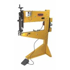 This corded electric bead roller features a 36-inch throat depth and handles steel up to 16 gauge. The quick-release top die allows for efficient die changes. Typical applications include forming stiffening beads, decorative contours, and rolled edges in sheet metal for fabrication and repair work.