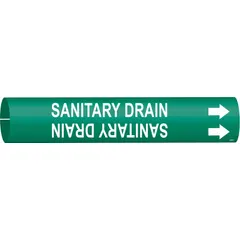Snap-on pipe marker for identifying sanitary drain lines. Green background with white legend and directional arrows. Fits pipe outer diameters from 2-1/2 to 3-7/8 inches. Suitable for use in industrial facilities to indicate waste or drainage piping.