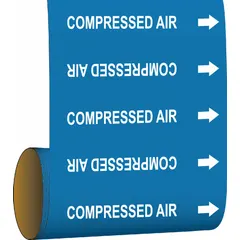 Blue adhesive pipe markers with white legend reading 'Compressed Air' and directional arrows. Each roll contains 30 markers designed for pipe outer diameters of 2 inches and smaller. Used to identify compressed air lines in industrial piping systems.