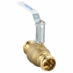This two-piece brass ball valve features a straight flow path and Press x Press connections. It is equipped with a lever handle and an extended height handle for easy operation. Suitable for on/off flow control in plumbing, HVAC, and process piping systems handling water, oil, or gas.