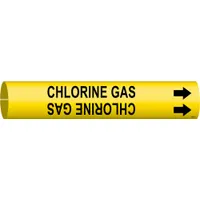 Yellow snap-on pipe marker with black legend reading 'Chlorine Gas' and directional arrows. Fits pipe outer diameters from 3/4 to 1-3/8 inches. Supplied as a single marker for identifying chlorine gas lines in industrial piping systems