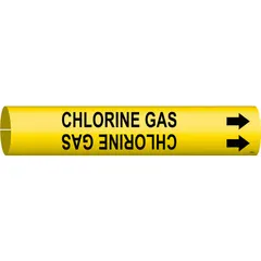 Yellow snap-on pipe marker with black legend reading 'Chlorine Gas' and directional arrows. Fits pipe outer diameters from 3/4 to 1-3/8 inches. Supplied as a single marker for identifying chlorine gas lines in industrial piping systems.