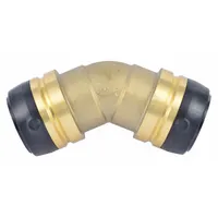 This standard brass push-to-connect tube fitting connects two 1-1/4 in OD tubes at a 90-degree angle. Suitable for plumbing and industrial piping systems requiring quick, tool-free installation