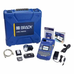 Portable label printer for facility safety identification. Prints 1-1/2" labels using the included Indoor/Outdoor Vinyl Label Cartridge. Comes with battery, magnet accessory, and Brady Workstation Safety and Facility Identification Software Suite. Suitable for pipe marking, equipment ID, and hazard communication.