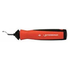 This hand deburring tool from ROTHENBERGER features a replaceable blade for manual removal of burrs from pipe and tube edges. Its red handle provides a secure grip. Commonly used in plumbing, HVAC, and metalworking to prepare cut ends for joining or fitting.